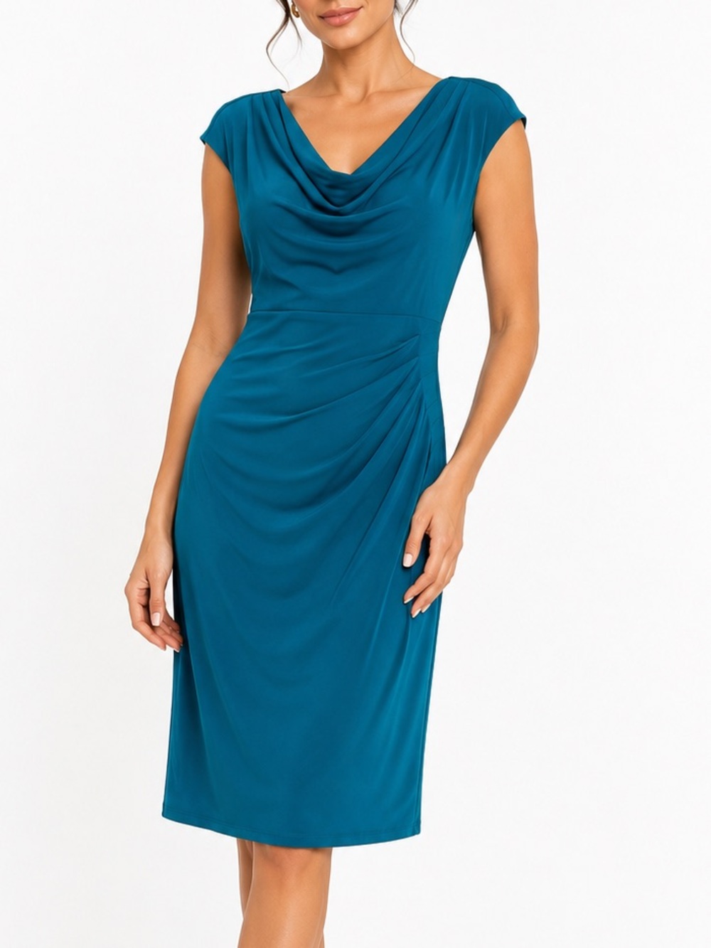 LAUREN Ralph Lauren Teal Cowl Neck Ruched Stretch Knit Elegant Sheath Dress 16
